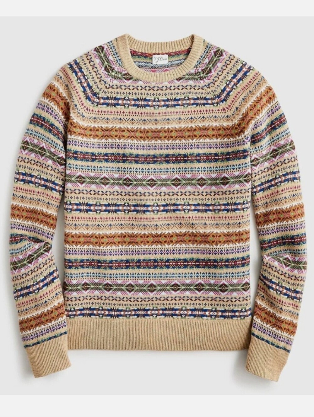 J. Crew Men's Fair Isle Lambswool Blend Crewneck Sweater Heather Sand, Sz L